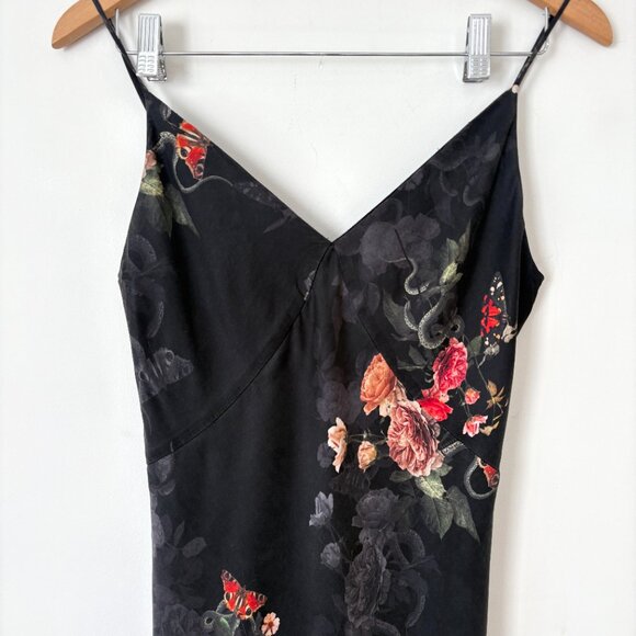 All Saints Melody Nancy Midi Dress Silk Blend Floral Sz 6 Cocktail Edgy Goth - Picture 4 of 13